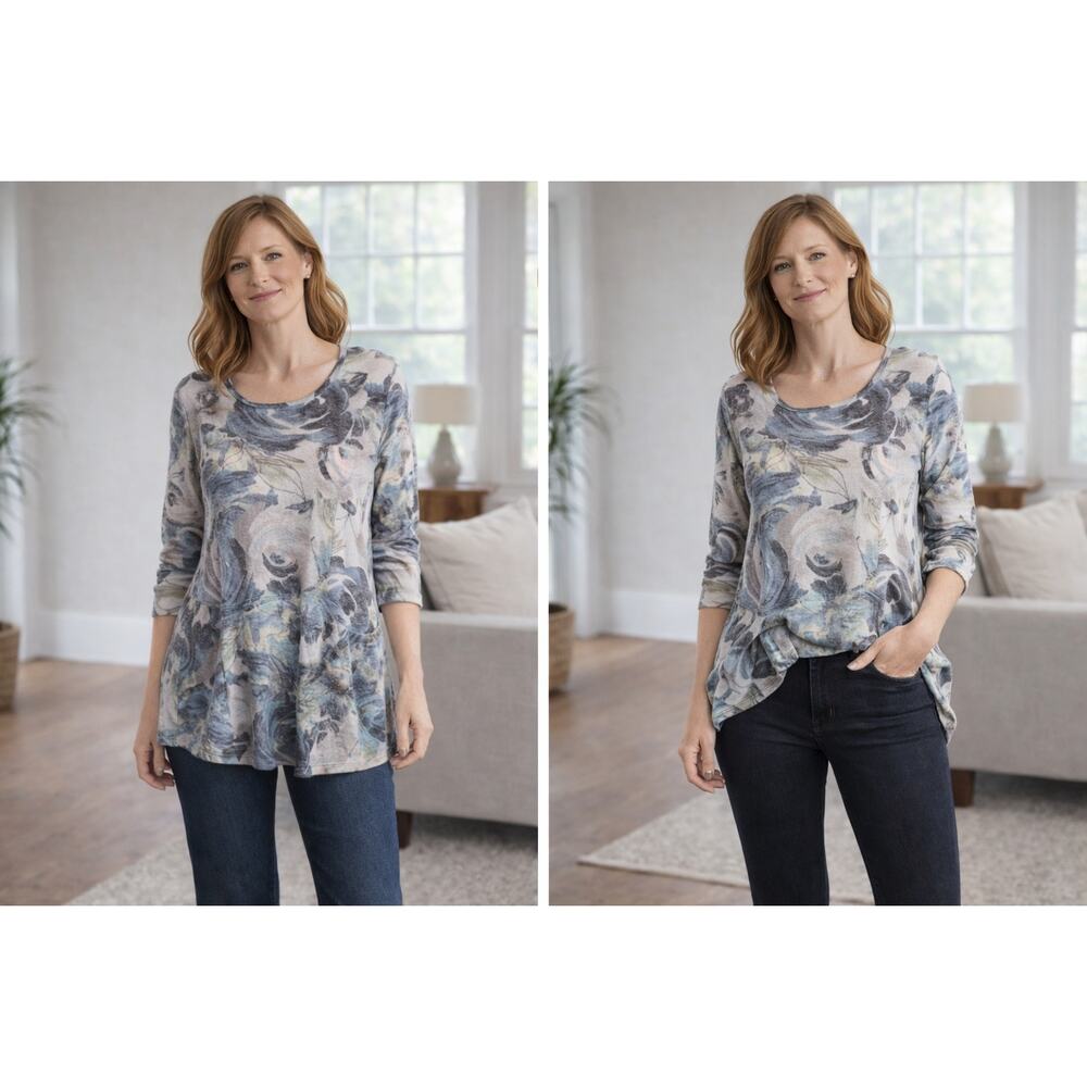 42 POPS Blue Watercolor Floral Tunic Top Longline Pockets Indie Slow Fashion Med
